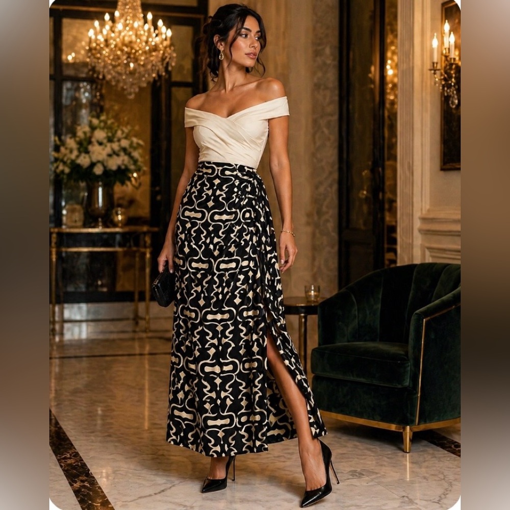 Zara Black & Cream Geometric Maxi Skirt